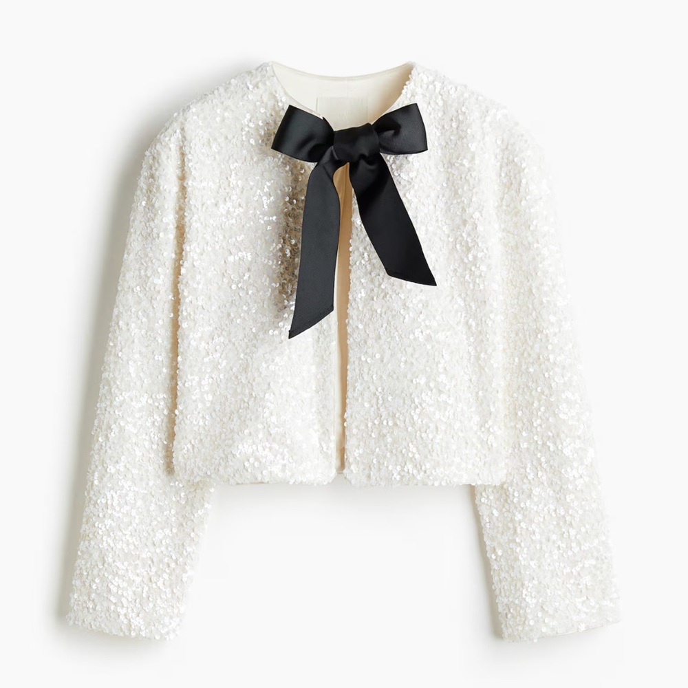 Elegant White Sequin Jacket with Black Bow TIE-DETAIL SEQUINED JACKET